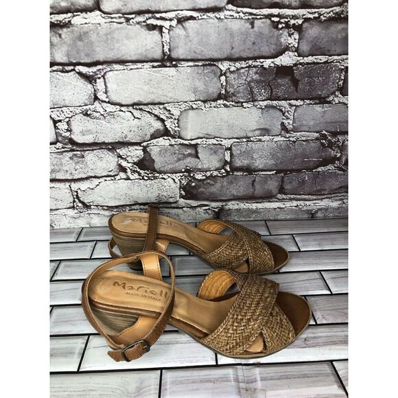 Mariella Brown Leather Woven Cross AnkleStrap Heel Sandals Women Sz 7.5M US/38EU - Picture 4 of 16